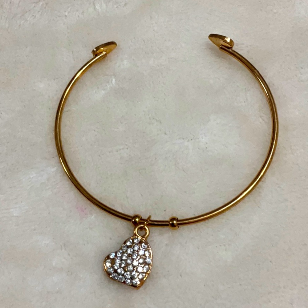 Gold-tone Dainty Cuff Bracelet with Rhinestone Heart Charm
